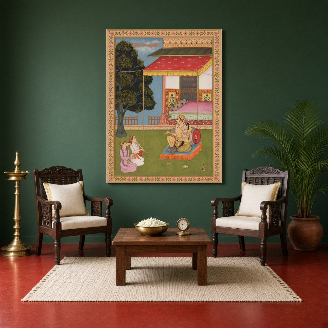 Immerse yourself in the opulence of Mughal artistry with this exquisite artwork portraying a royal for Sitting Area
