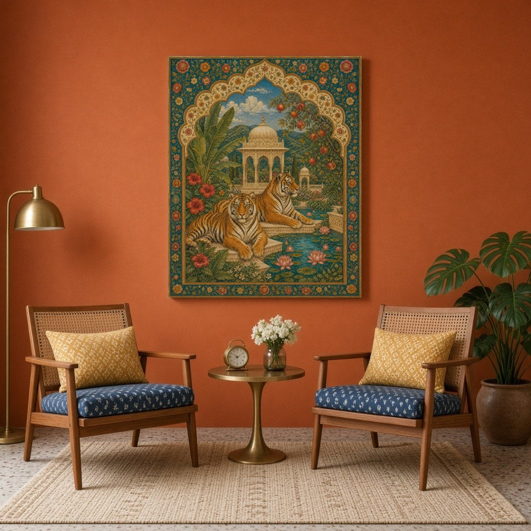 Experience the majestic allure of this Indian miniature art print capturing two regal tigers for Sitting Area