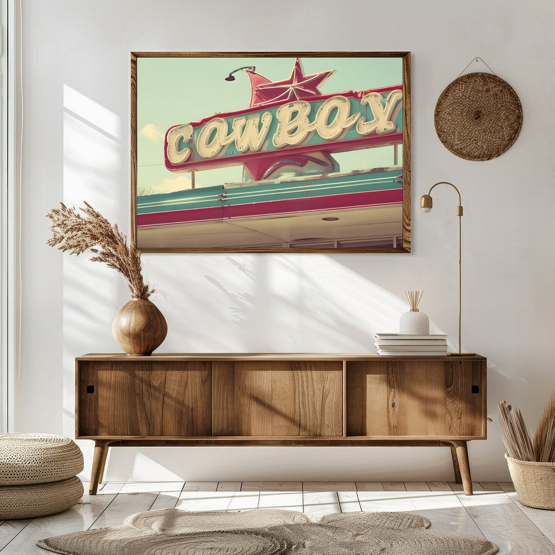 Capture the essence of the open road with this nostalgic piece, featuring a vibrant retro cowboy for Sitting Area
