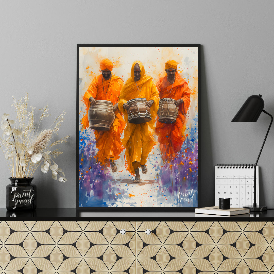 This vibrant painting captures the energy and joy of a procession of musicians. Three men, dressed … for office
