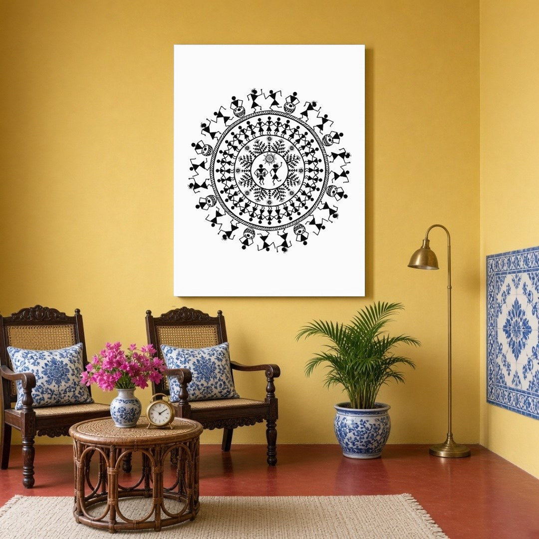 This captivating Warli Art piece showcases the vibrant rhythm of village life through a dance for Sitting Area