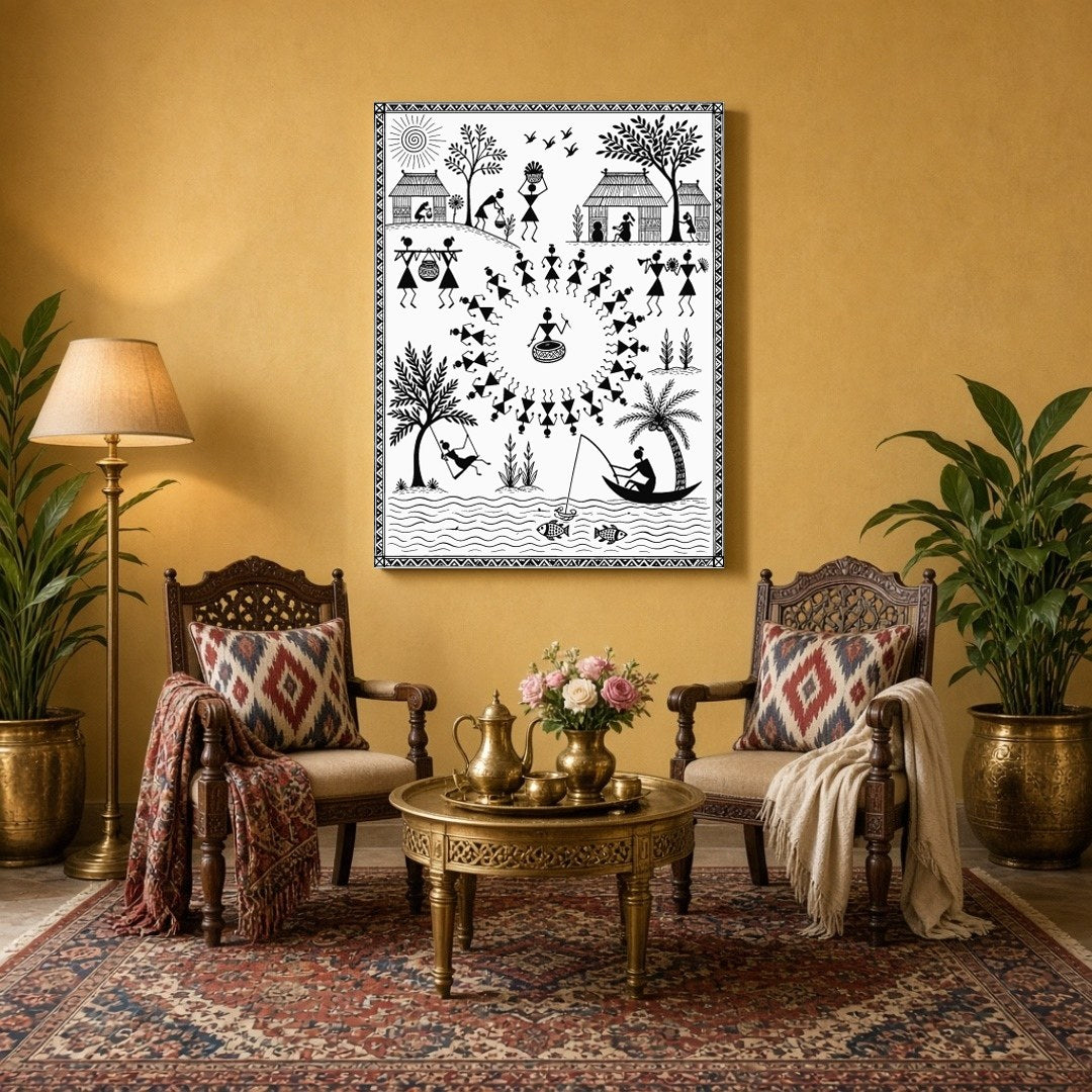 Step into the dynamic world of Warli with this intricate artwork, showcasing a vibrant village for Sitting Area