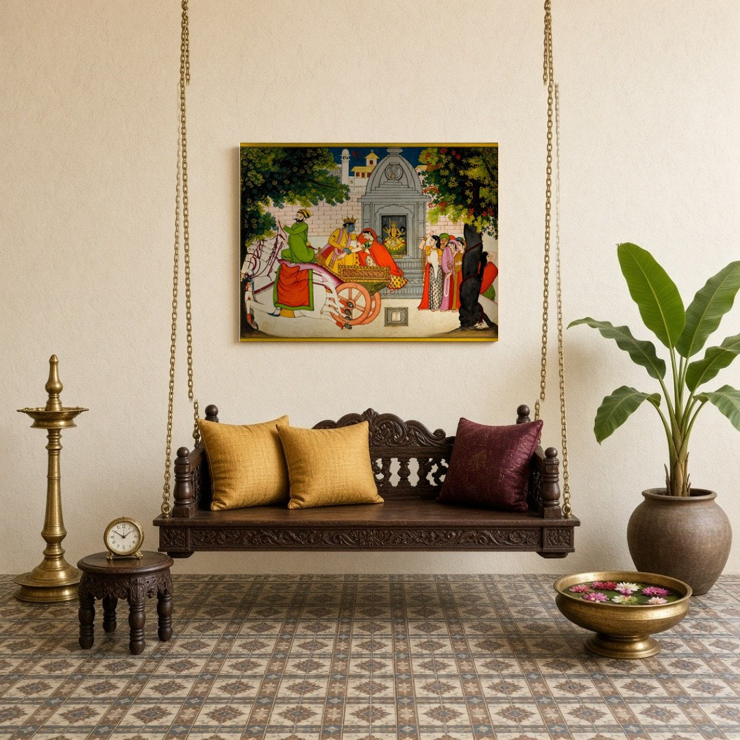 Capture the enchanting tale of Krishna and Rukmini's elopement with this vivid Pichwai art piece. for Sitting Lounge