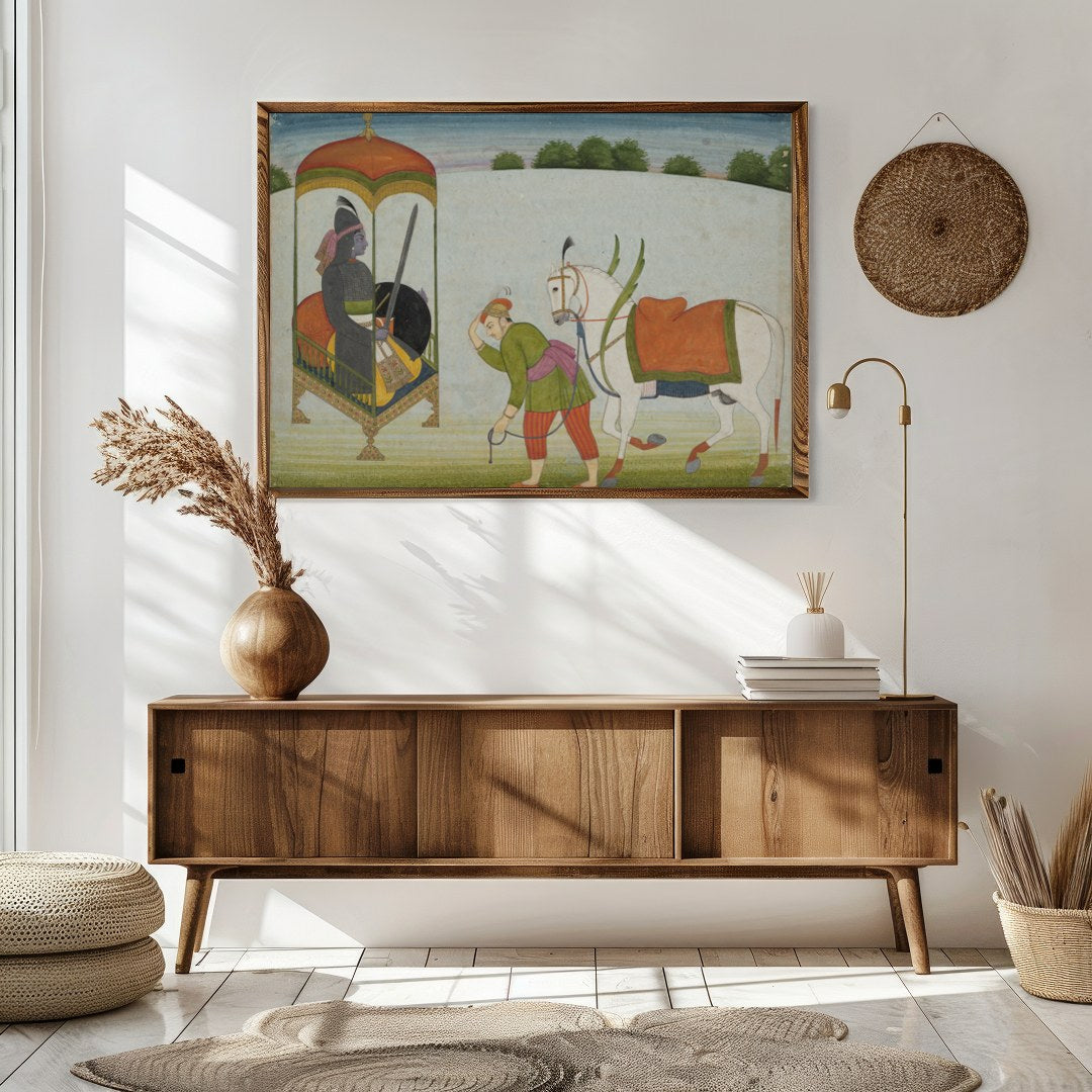 This exquisite painting depicts a regal scene with a noble figure and a caravan led by a horse. The for Sitting Area
