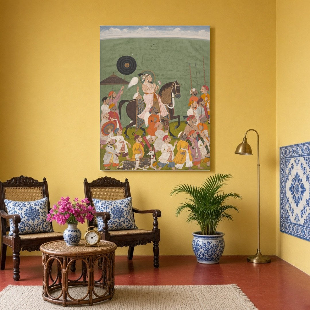 This breathtaking piece captures a regal Rajput king leading a grand procession through verdant for Sitting Area