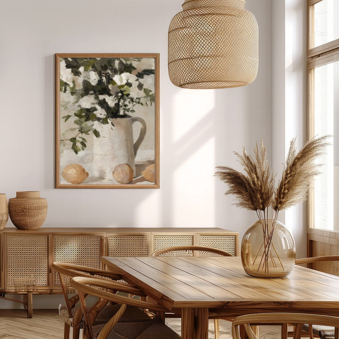 Elevate your space with this evocative still life painting, showcasing a serene arrangement of for Extra Kitchen