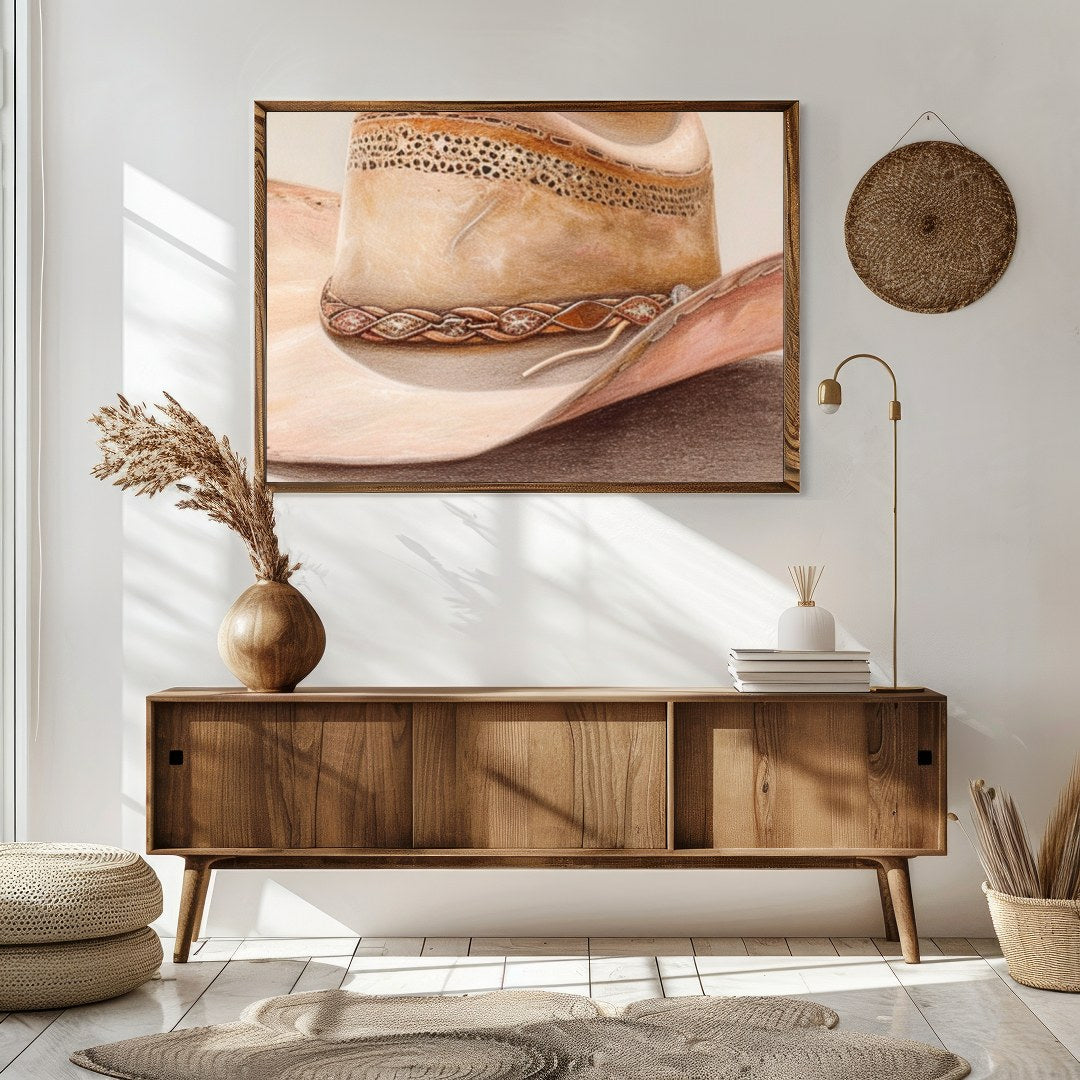 Capture the essence of the Wild West with this stunning artwork featuring a classic cowboy hat. The for Sitting Area