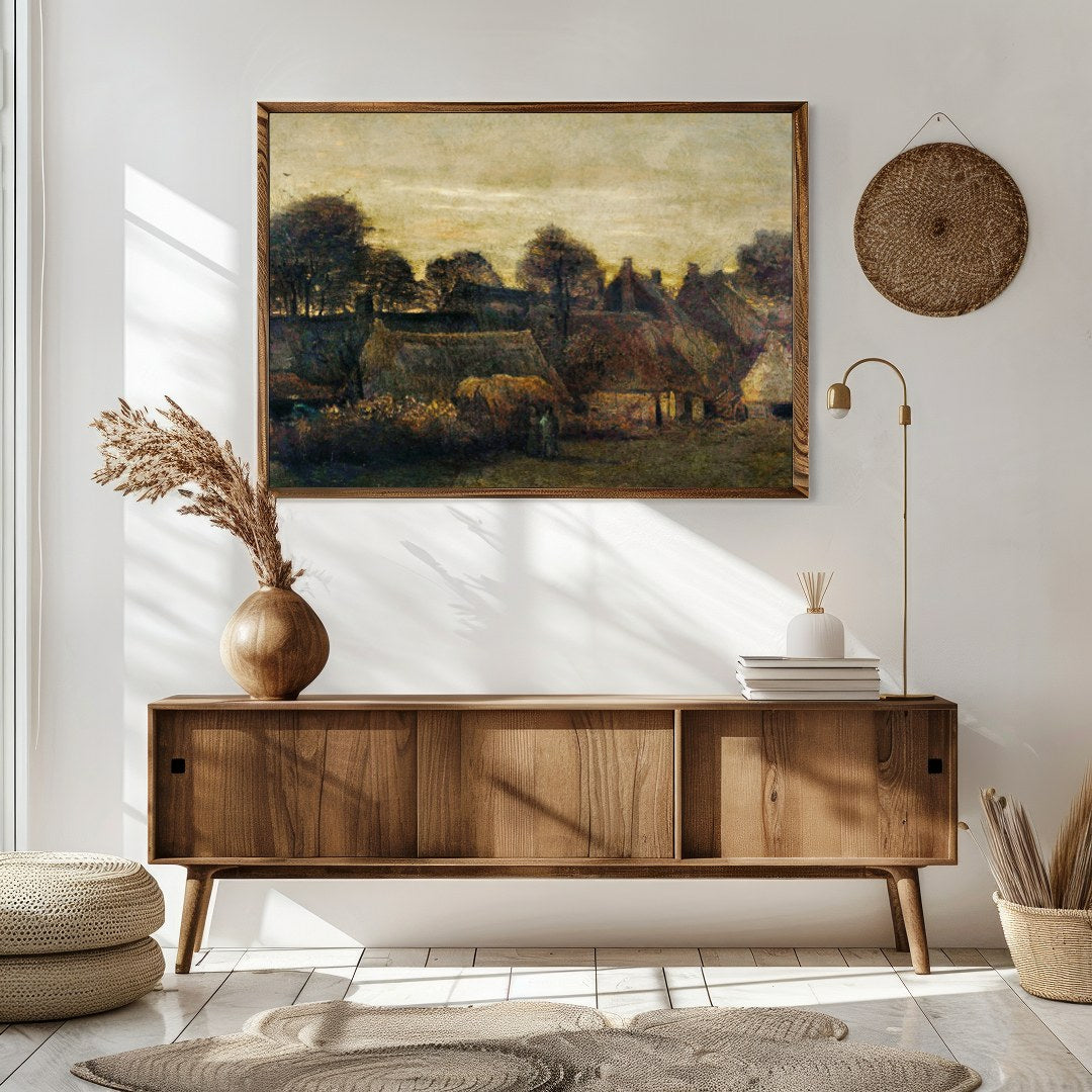 Capture the serene ambiance of the countryside with this evocative painting of a village at dusk. for Sitting Area