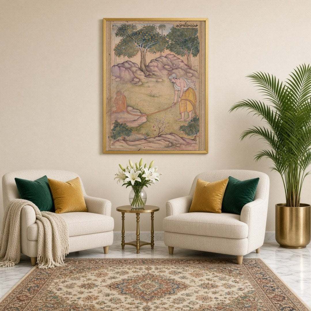Immerse yourself in the spiritual journey of Hanuman and Ram with this exquisite piece of Indian for Sitting Lounge