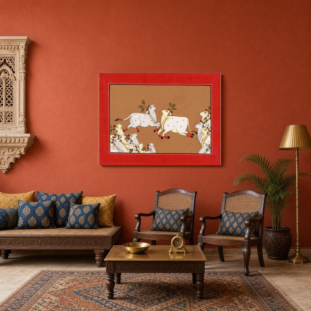 Dive into the celestial world of Pichwai with this captivating artwork showcasing divine cows in for Sitting Area