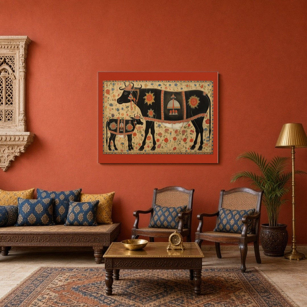 Immerse yourself in the vibrant tradition of Pichwai art with this captivating depiction of sacred for Sitting Area