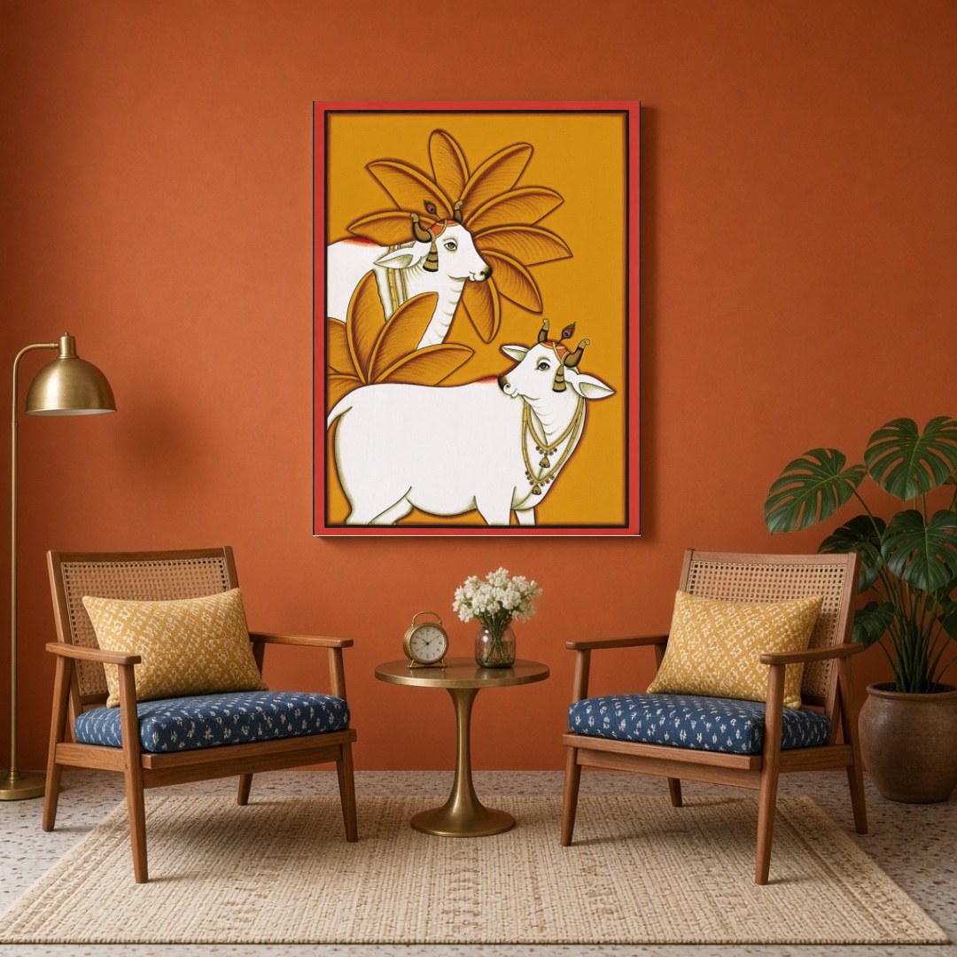 This exquisite Pichwai artwork captures the timeless elegance of Kamdhenu surrounded by vibrant for Sitting Area