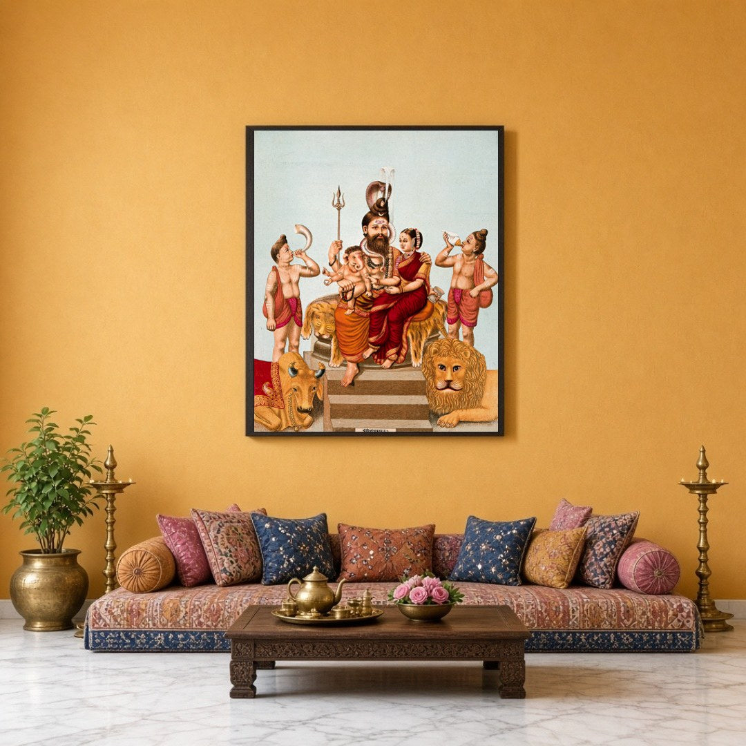 Immerse yourself in this vibrant portrayal of divinity, capturing Lord Shiva, Goddess Parvati, and for Sitting Lounge