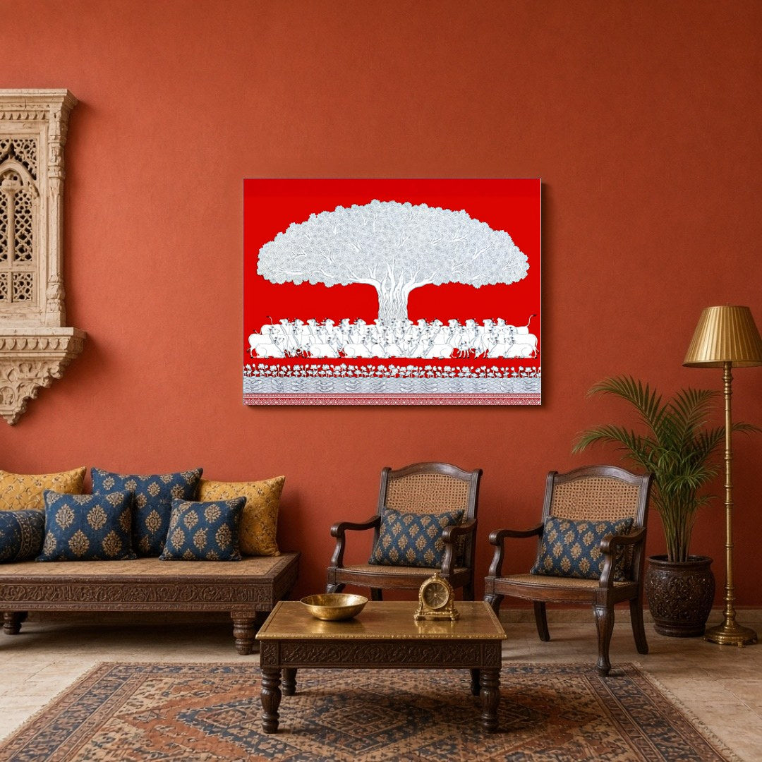 This exquisite Pichwai artwork captures the serene beauty of a sacred bovine assembly beneath a for Sitting Area