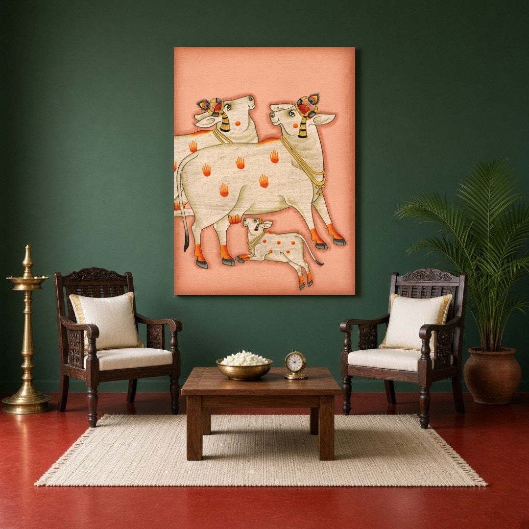 Embrace the serene beauty and spiritual energy of the 'Sacred Kamdhenu Trio' in this exquisite for Sitting Area