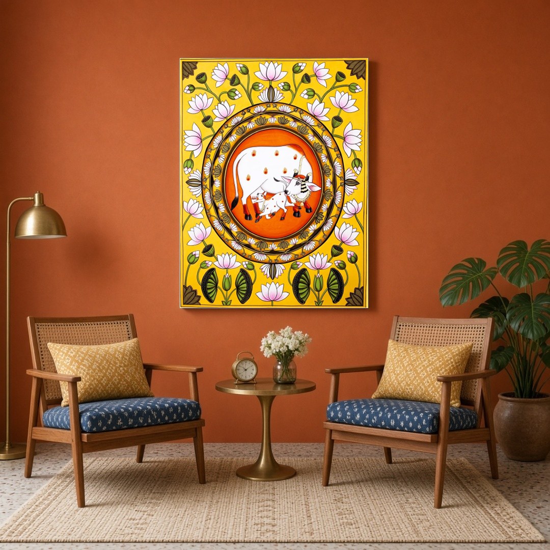 Embrace the profound serenity and blessing of the Sacred Kamdhenu with this exquisite Pichwai art for Sitting Area