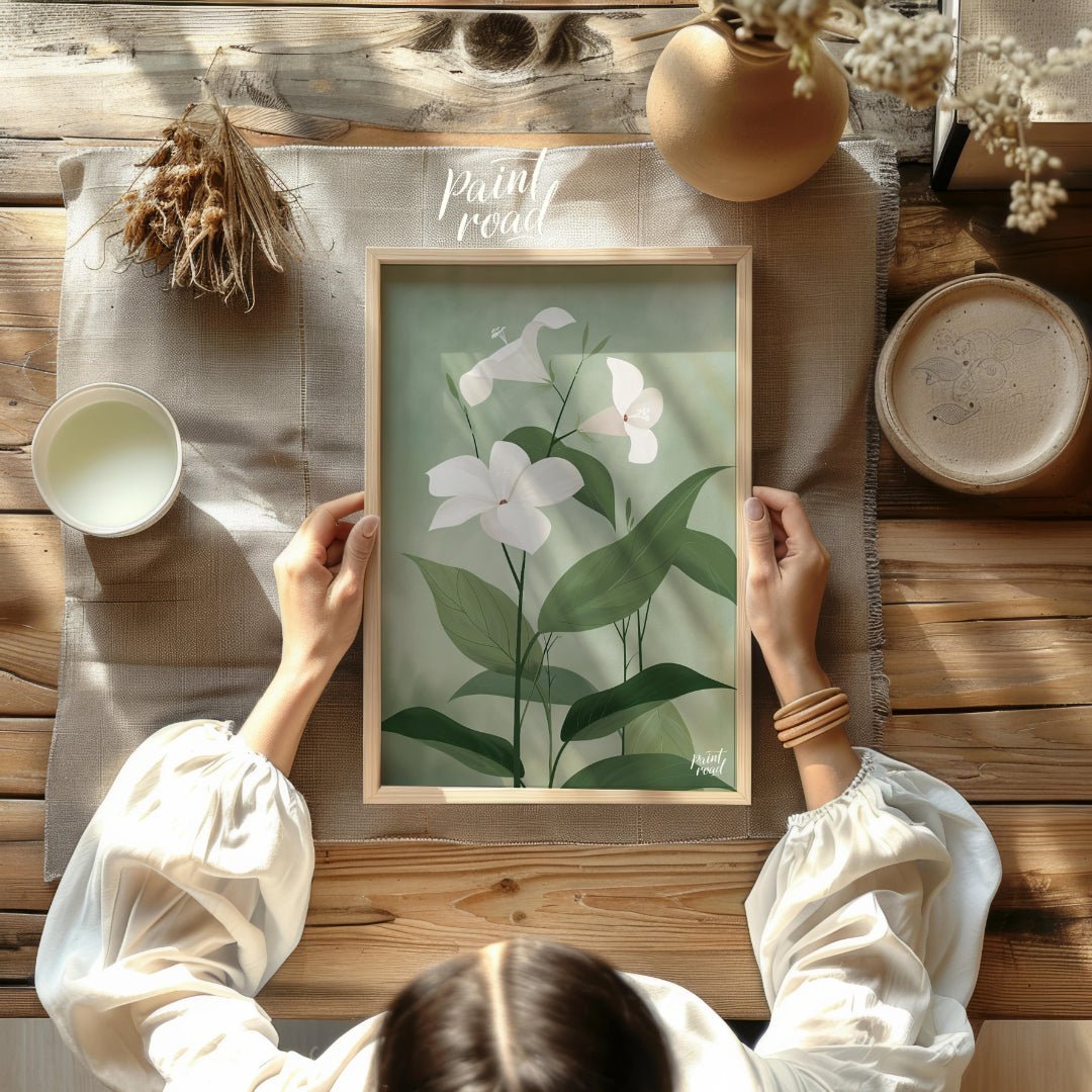 This elegant digital illustration features three white flowers with delicate petals, set against a … for other
