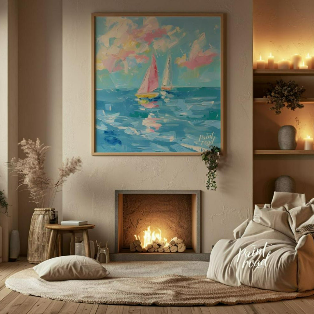 This vibrant painting captures two sailboats gliding across a serene blue sea, beneath a sky filled… for living room