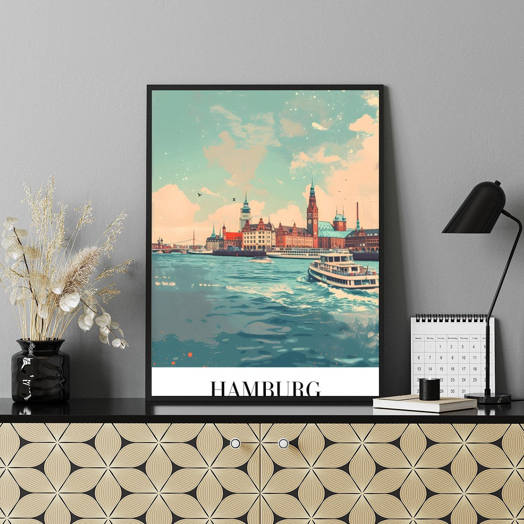 This stunning piece captures the vibrant essence of Hamburg's iconic harbor, showcasing its for Shelf
