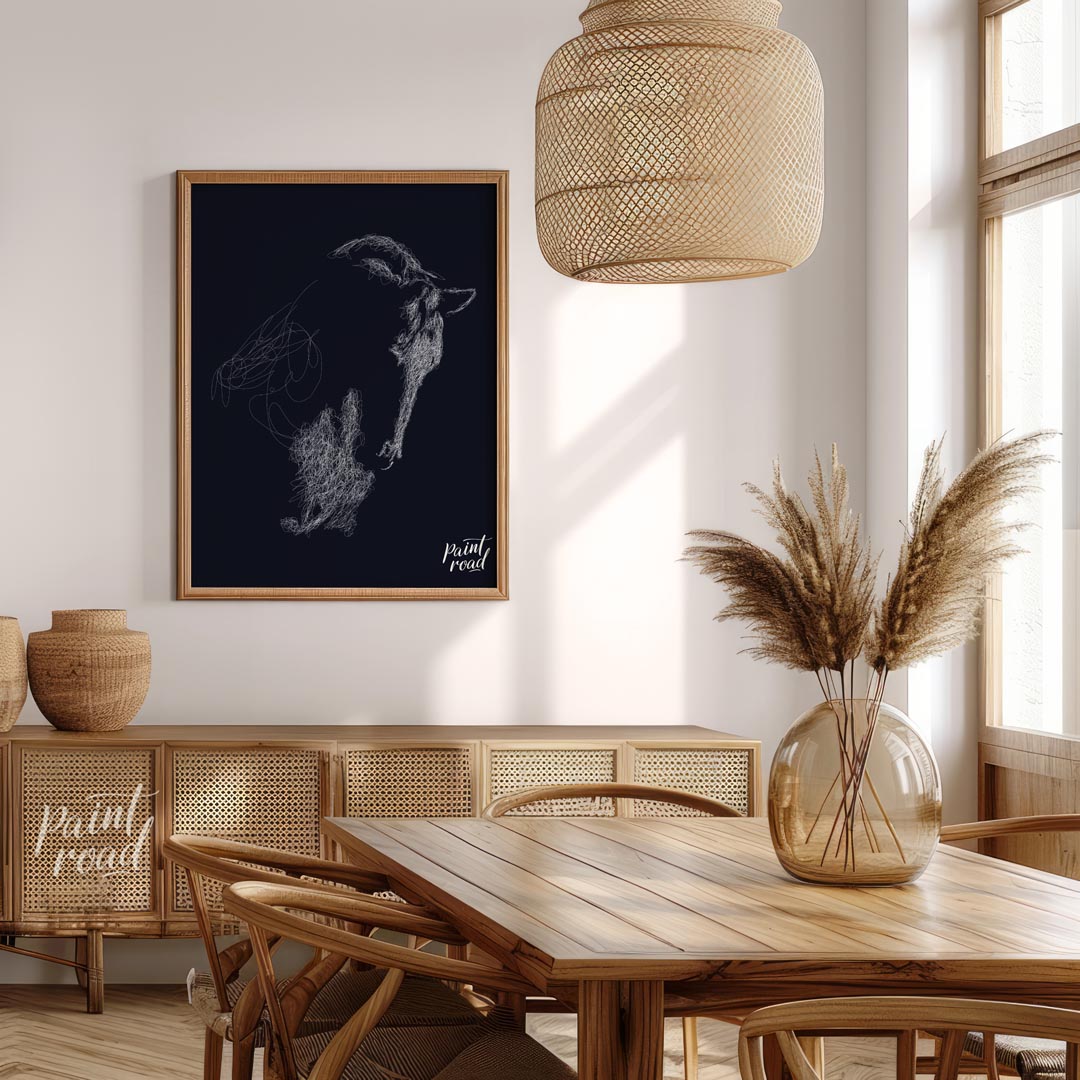 This unique abstract piece features the outline of a goat's head, formed entirely from a swirling m… for dining room