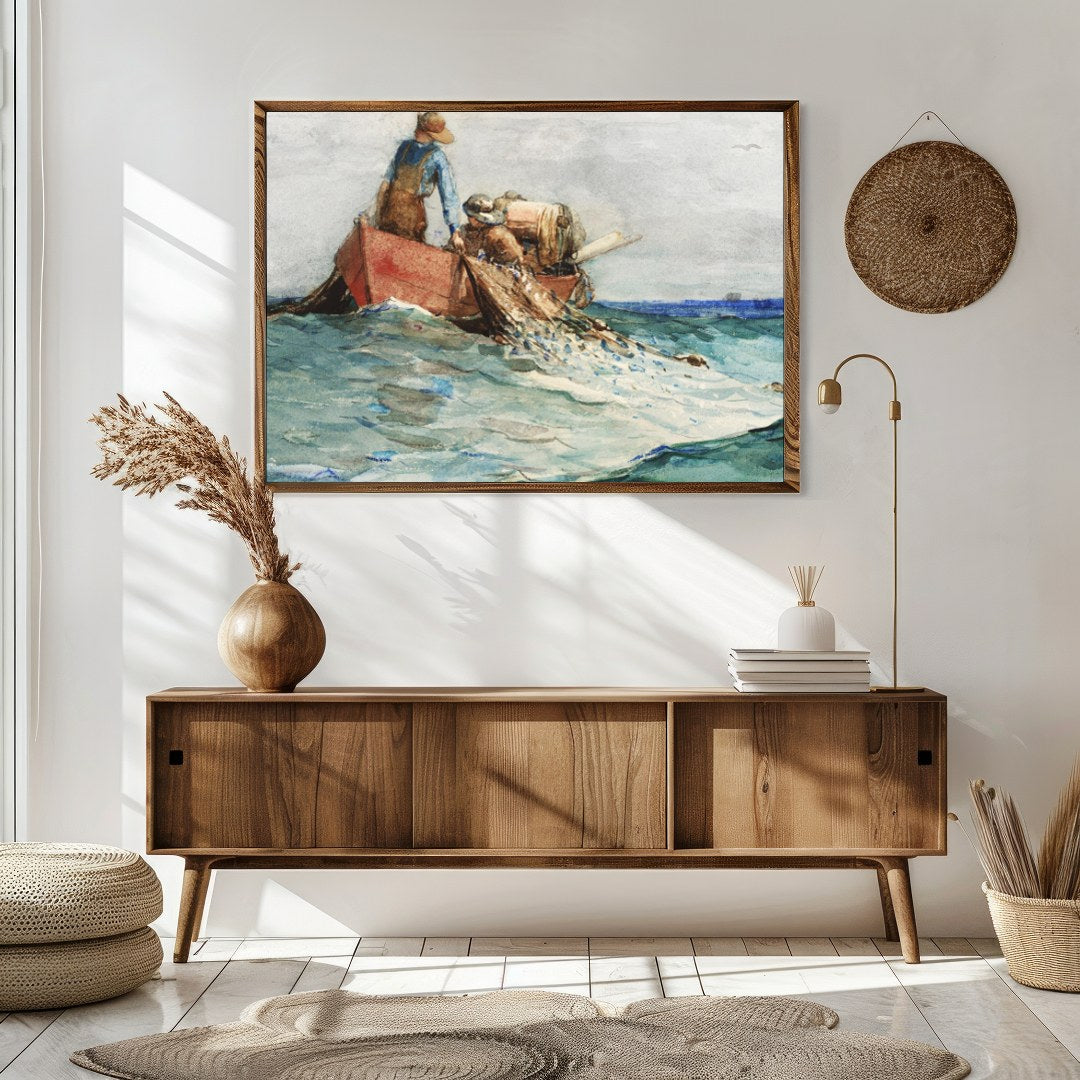 Experience the serene world of maritime life with this captivating artwork. Depicting fishermen at for Sitting Area