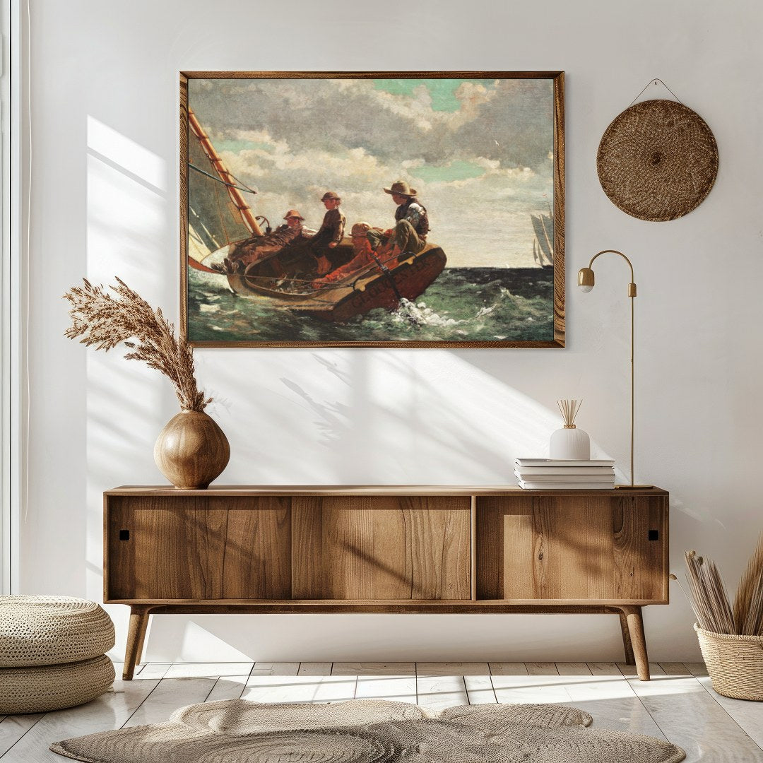 Capture the spirit of adventure with this exquisite depiction of seafarers navigating a choppy sea. for Sitting Area