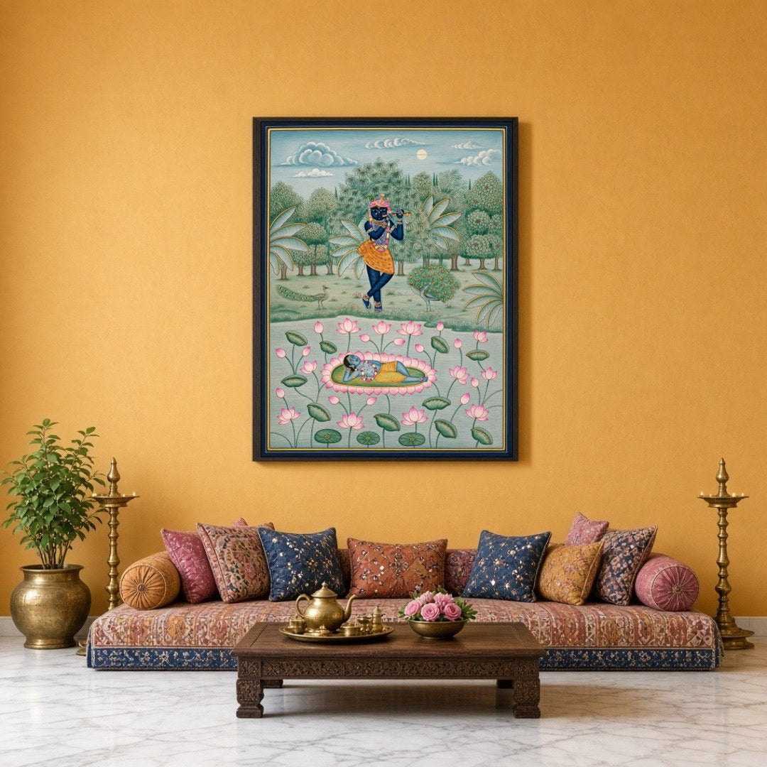 Delve into the serenity of Lord Krishna's world with this exquisite piece of Pichwai art. Capturing for Sitting Lounge