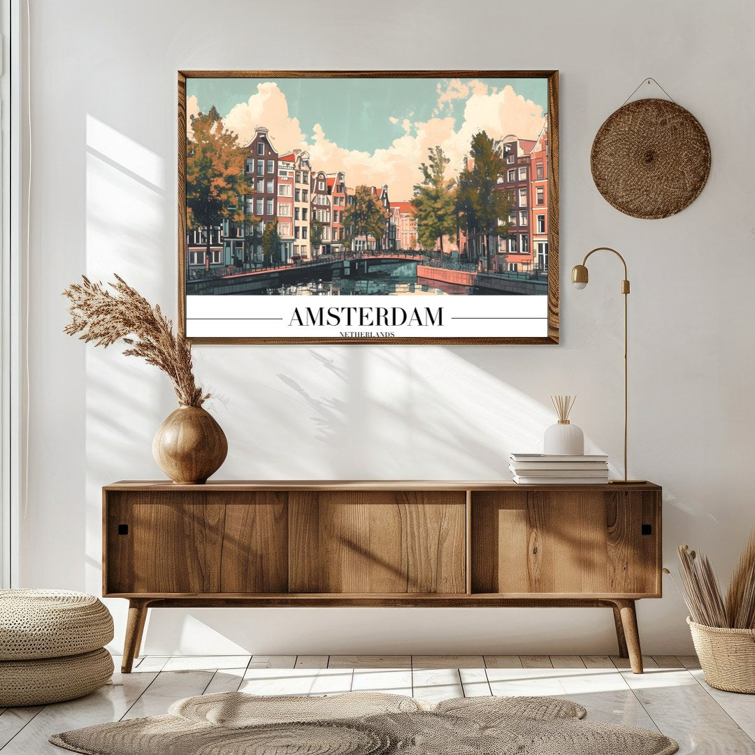 Capture the essence of Amsterdam with this stunning depiction of its iconic canals and historic for Sitting Area
