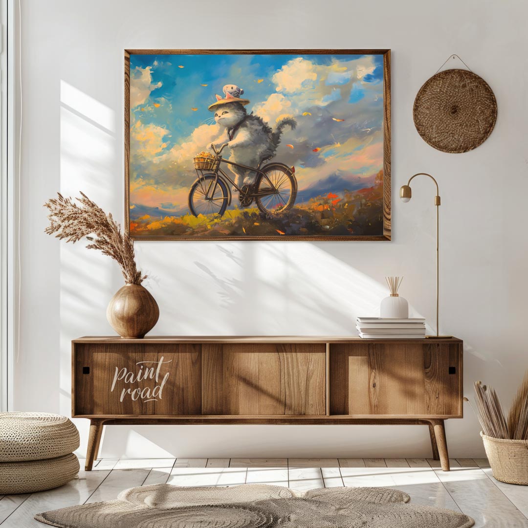This beautiful digital painting depicts a fluffy grey and white cat, wearing a straw hat adorned wi… for living room