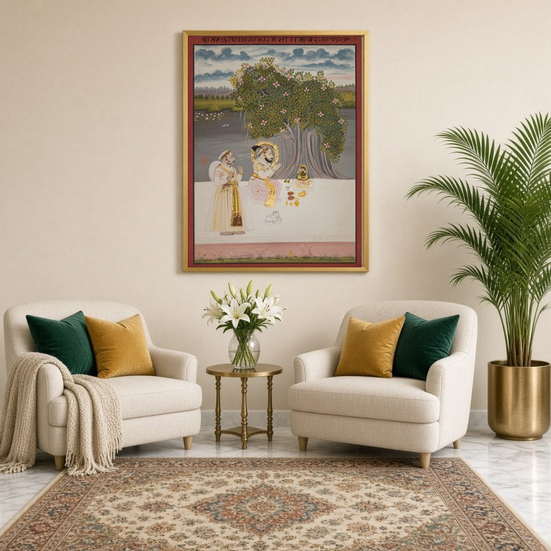 This exquisite artwork captures a tranquil moment of devotion under a lush, flowering tree. The for Sitting Lounge