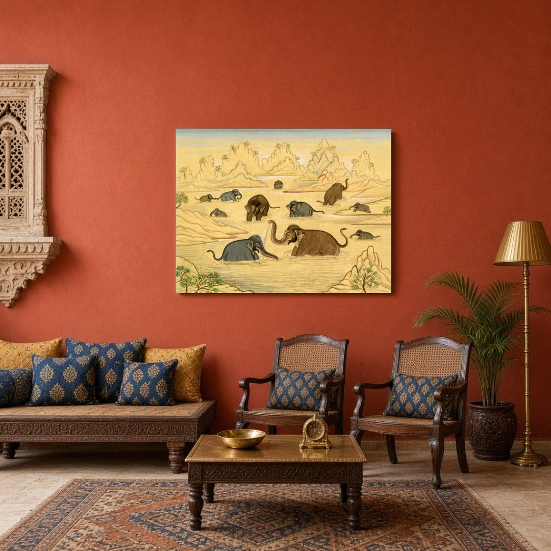 This exquisite art piece captures the gentle majesty of elephants enjoying a tranquil bath in an for Sitting Area
