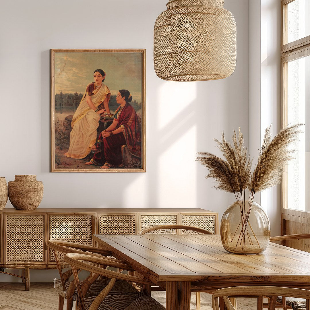This captivating artwork depicts two women in traditional attire, sitting by the riverbank during for Extra Kitchen
