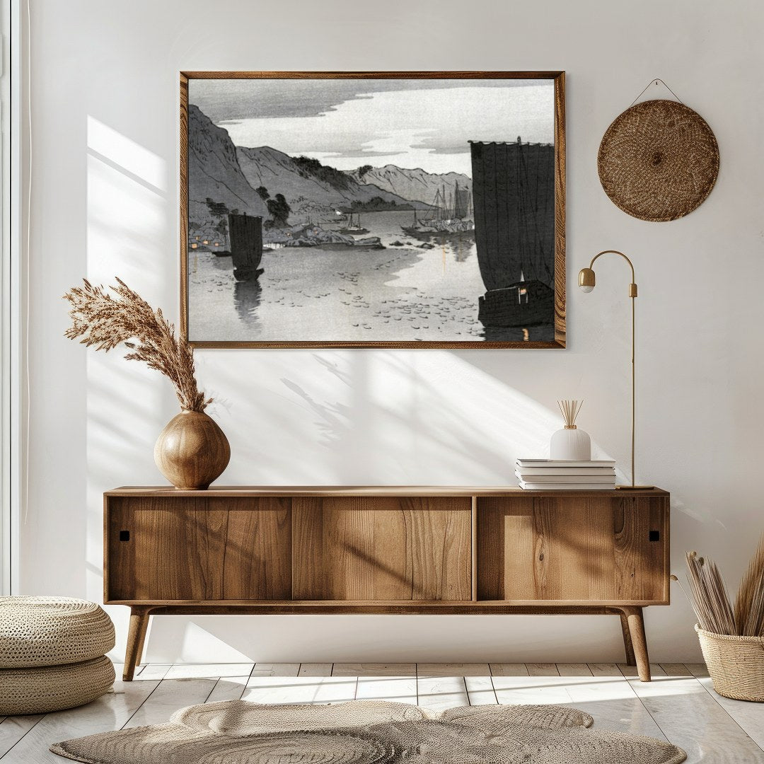 This captivating artwork captures the tranquil beauty of a calm seascape under a muted sky, for Sitting Area