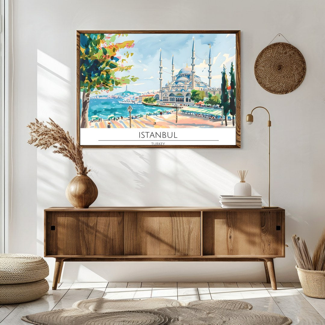 Capture the tranquility of Istanbul's seaside charm with this vibrant artwork featuring a majestic for Sitting Area