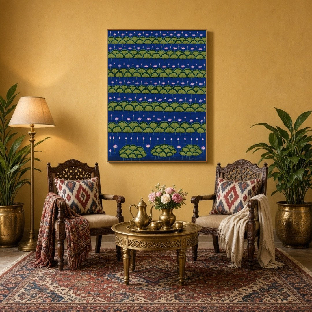 Immerse yourself in the tranquil beauty of this captivating Pichwai artwork, where rows of blooming for Sitting Area