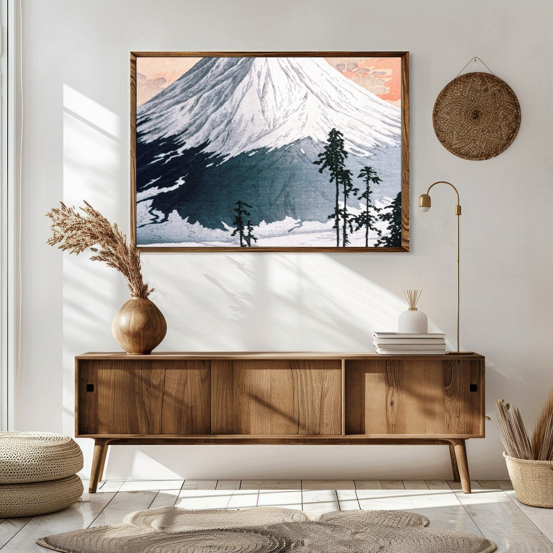 This exquisite print captures the serene beauty of Mount Fuji as the sun sets, casting a gentle for Sitting Area