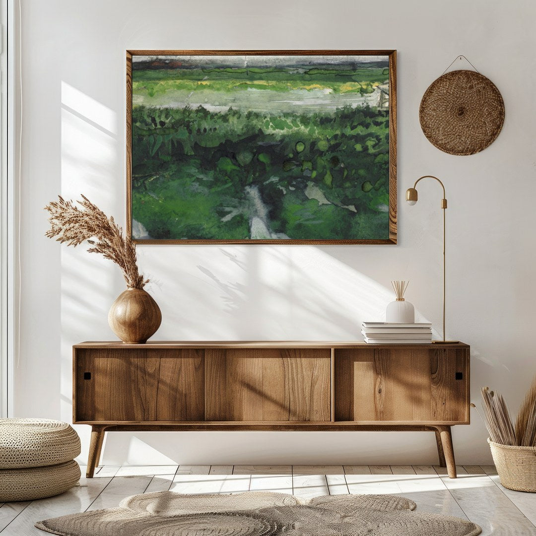 This watercolor artwork captures the essence of tranquility with a vast meadow stretching into the for Sitting Area