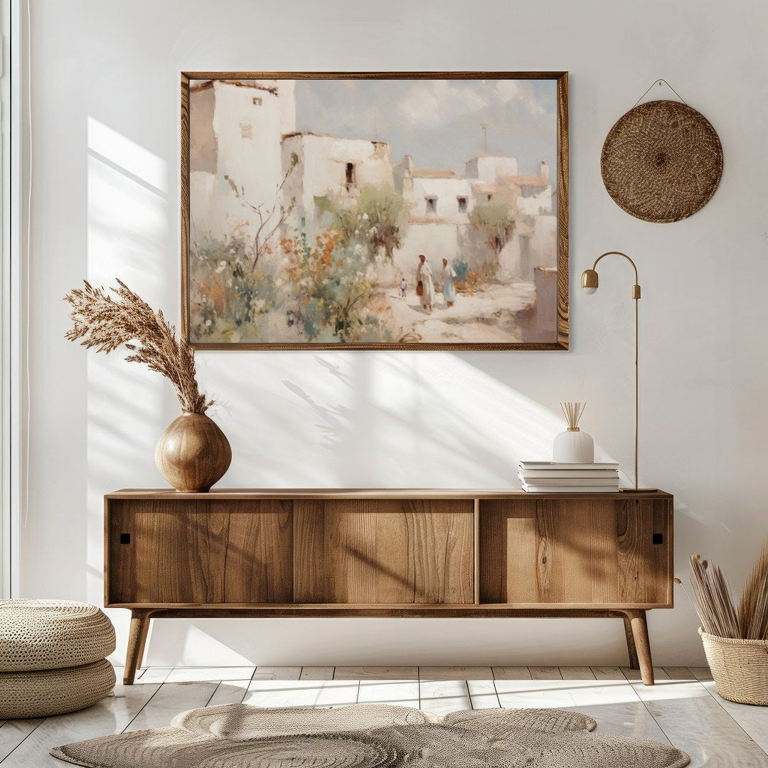Capture the tranquil essence of a Mediterranean village with this exquisite artwork. The soft for Sitting Area