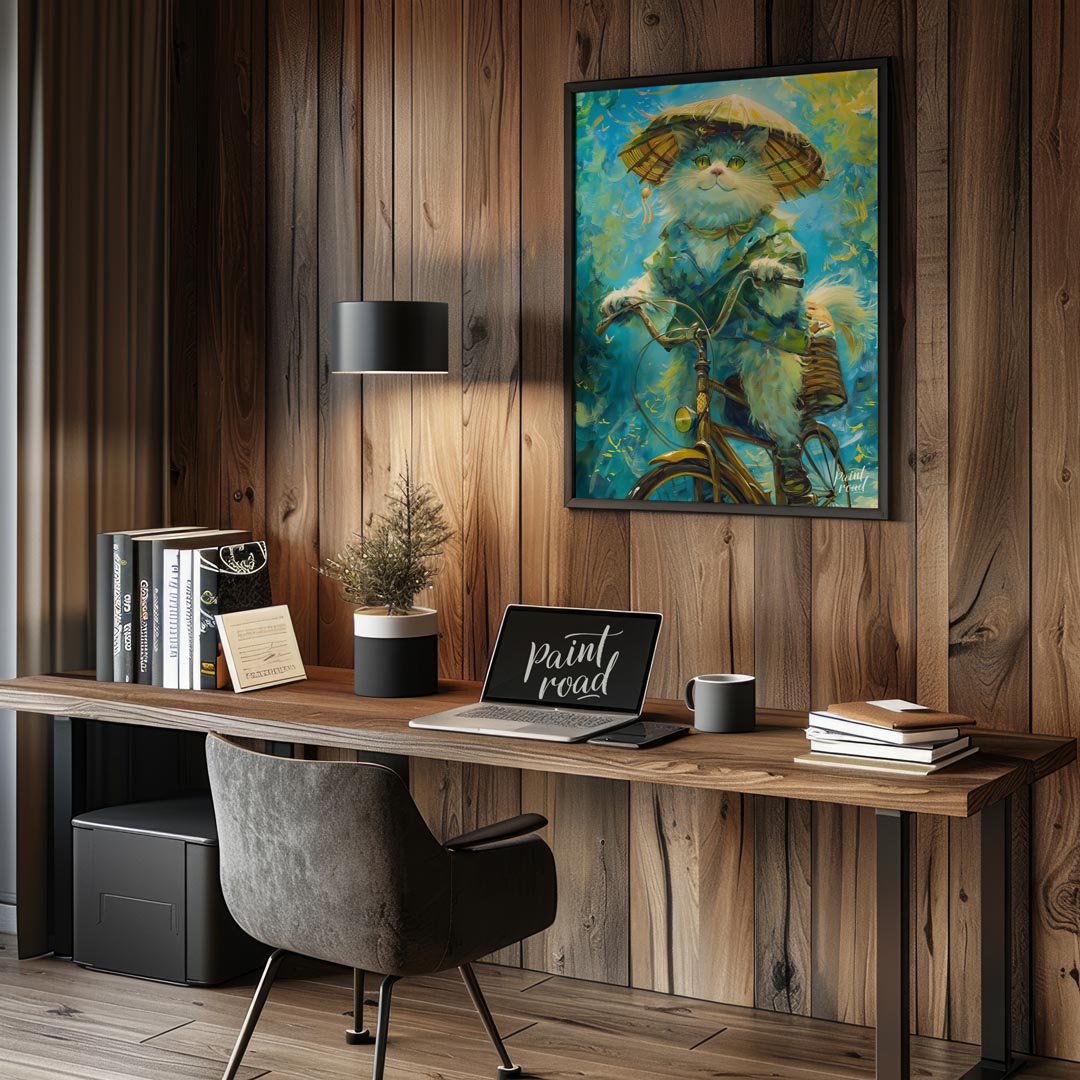 This enchanting digital painting depicts a fluffy white cat, wearing a large, traditional straw hat… for office