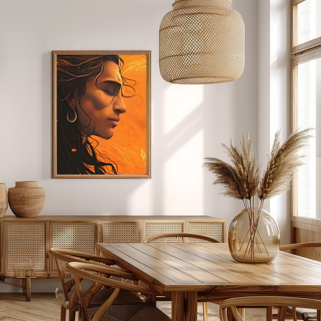 This captivating artwork features a profile portrait bathed in warm orange hues, evoking a sense of for Extra Kitchen