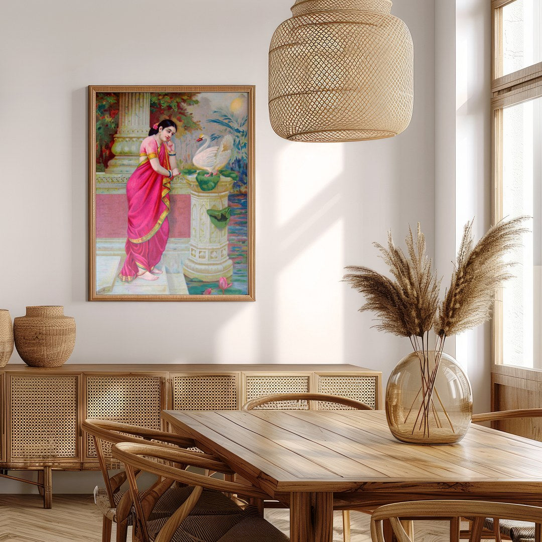 This exquisite artwork captures a serene moment of beauty and grace. A woman adorned in a vibrant for Extra Kitchen