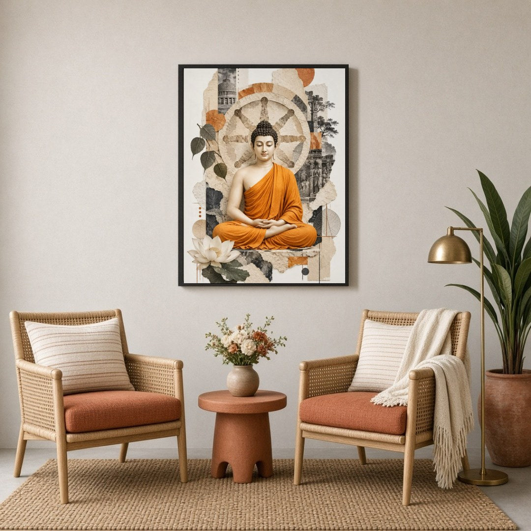 Experience the tranquil elegance of Lord Buddha seated amidst the symbolic Wheel of Dharma. This for Sitting Lounge