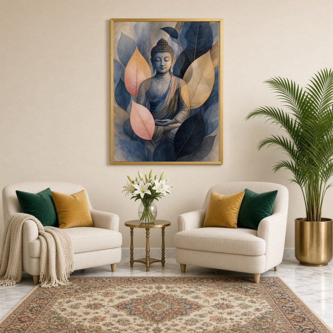 Immerse yourself in tranquility with this stunning artwork depicting Lord Buddha enveloped by for Sitting Lounge