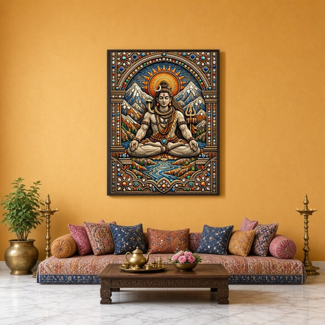 Immerse yourself in the divine tranquility of Lord Shiva depicted in this magnificent artwork. for Sitting Lounge