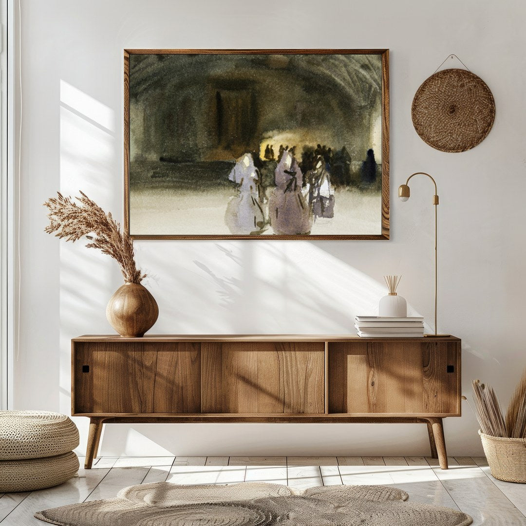 This evocative piece captures the mystique of an ancient gathering, blending shadowy figures with for Sitting Area