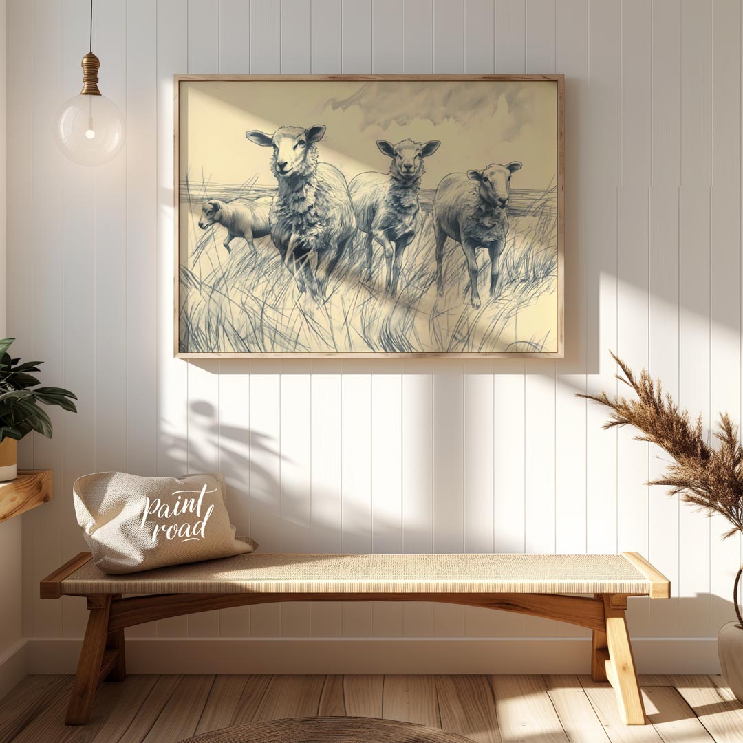 This charming pencil sketch depicts a group of sheep standing in a grassy meadow under a cloudy sky… for entryway