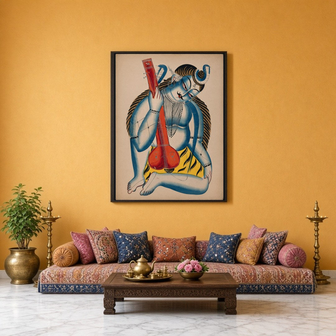 Immerse yourself in the enchanting presence of Shiva depicted as a musician in this exquisite for Sitting Lounge