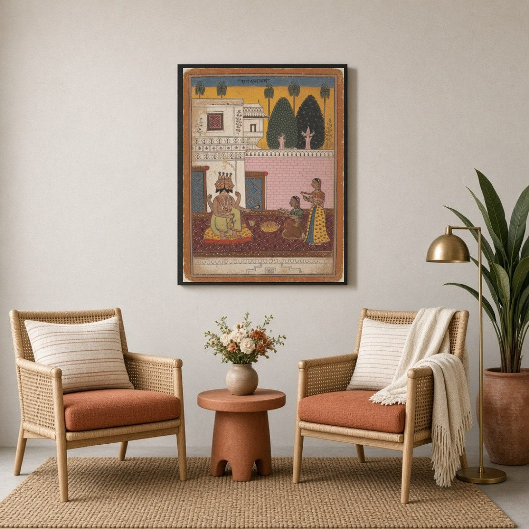 This captivating artwork showcases Lord Shiva in a regal pose, adorned with vibrant hues, as for Sitting Lounge