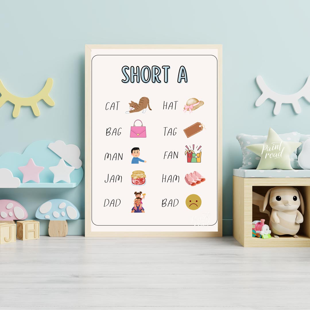 This bright and clear educational poster, titled "SHORT A," is designed to help young learners iden… for nursery