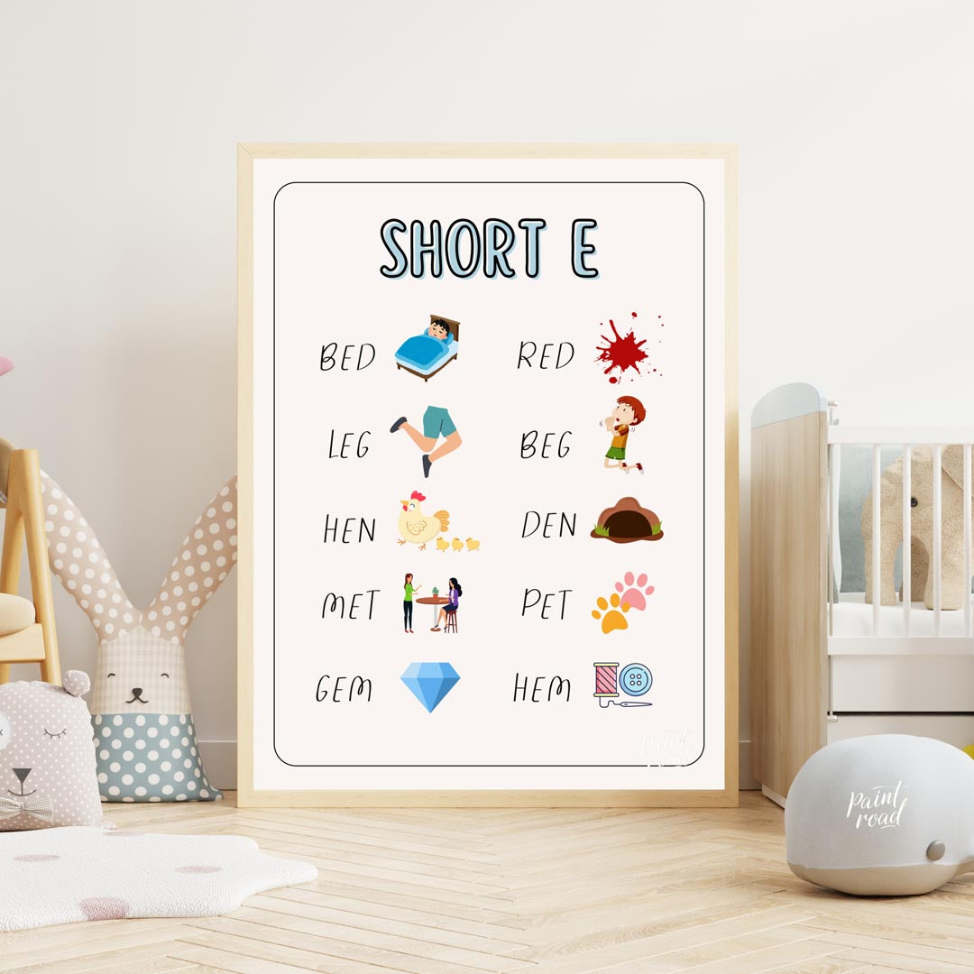 This straightforward and effective educational poster, titled "SHORT E," focuses on teaching words … for nursery